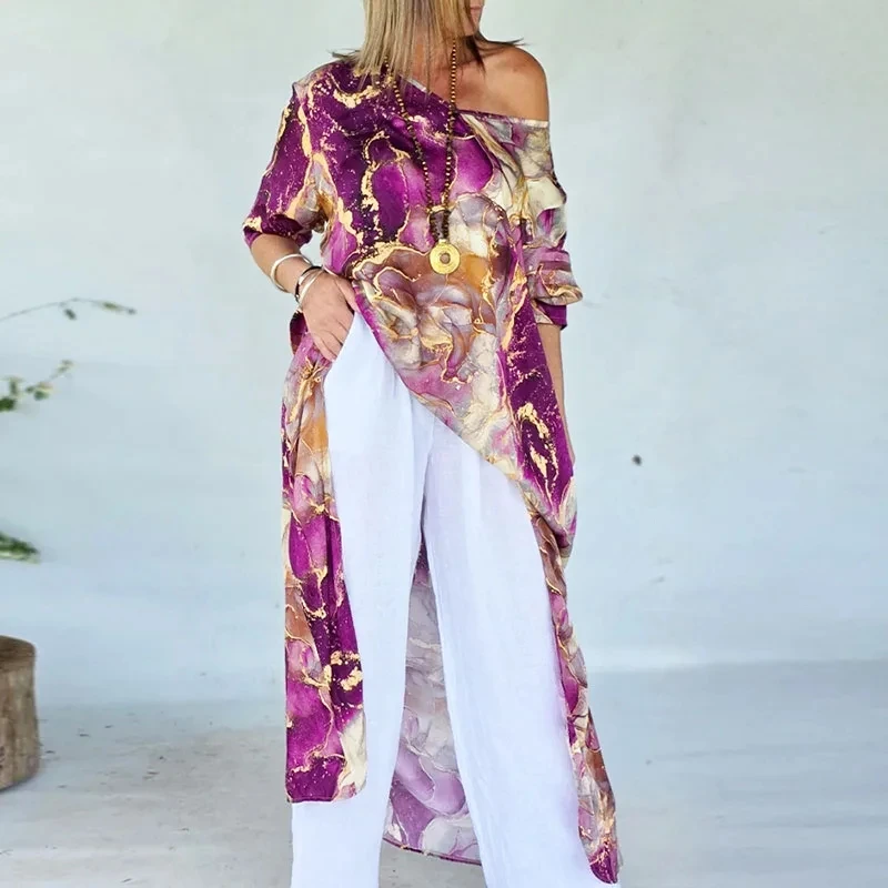 

Casual Loose Hem Commute Lady Shirts Vintage Pattern Printed O-neck Long Tops Elegant Women Long Sleeve Irregular Split T-shirts