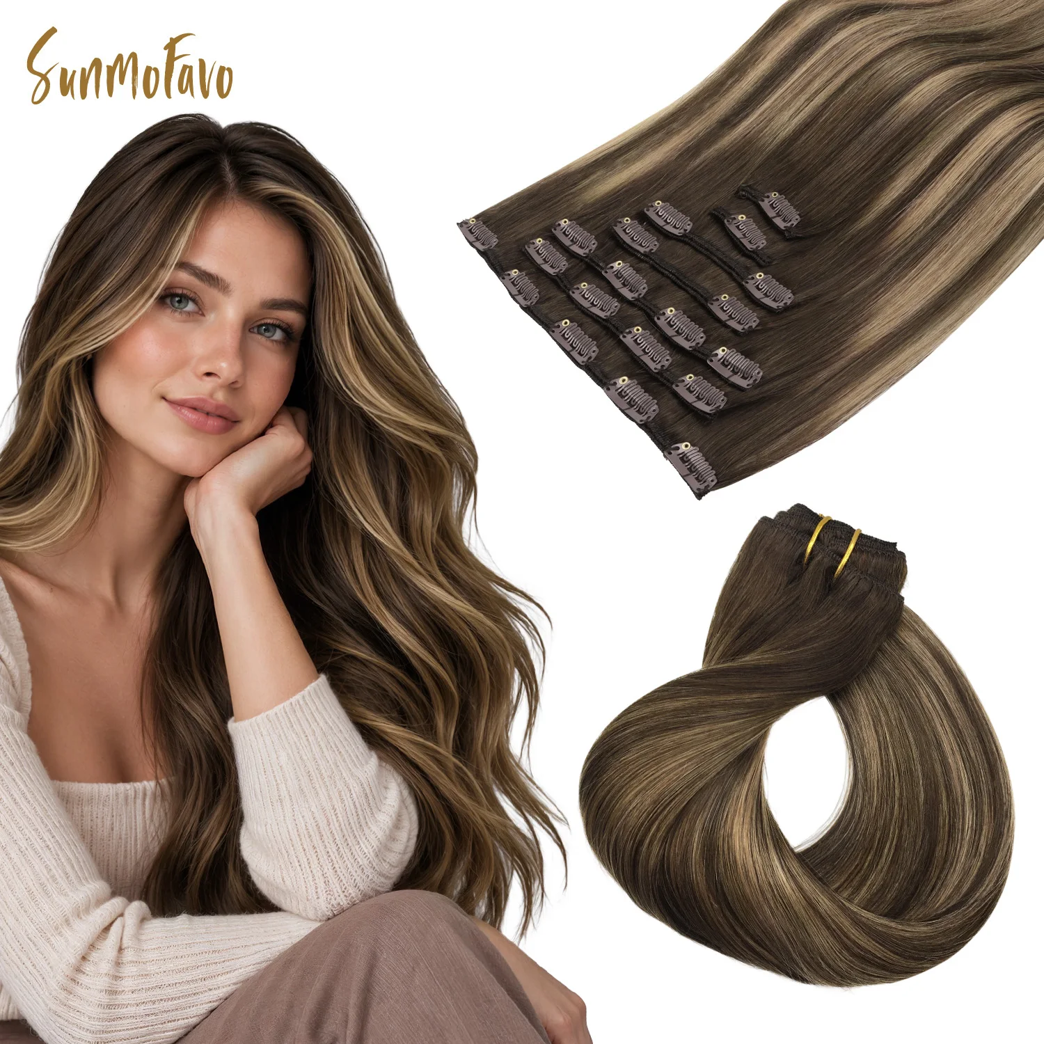 Sunmofavo Clip In Hair Extensions, 100% Remy Human Hair, Balayage Caramel Blonde 7Pcs 120G, Soft Silky Real Human Hair, Easy Install Removable, Instant Full Thick Volume, For Daily Dating Party Wedding Hairstyle