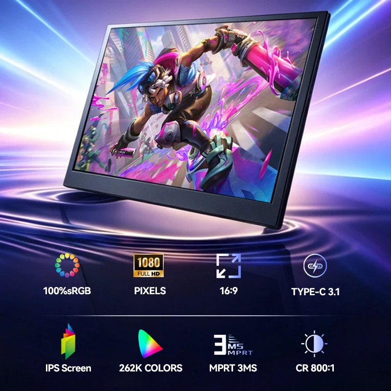 15.6 Inch Portable Monitor 1920x1080P IPS 60HZ For Laptop PS4 / 5 Switch TV Box Cell Phone PC Extension Mobile Portable Monitor