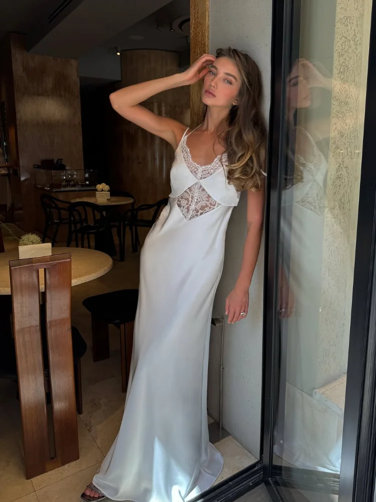 エレガントなレースパッチワークサテンスリングドレス レディース バックレス シースルー ハイウエスト スリム マキシドレス 2025 レディース バケーション パーティーガウン