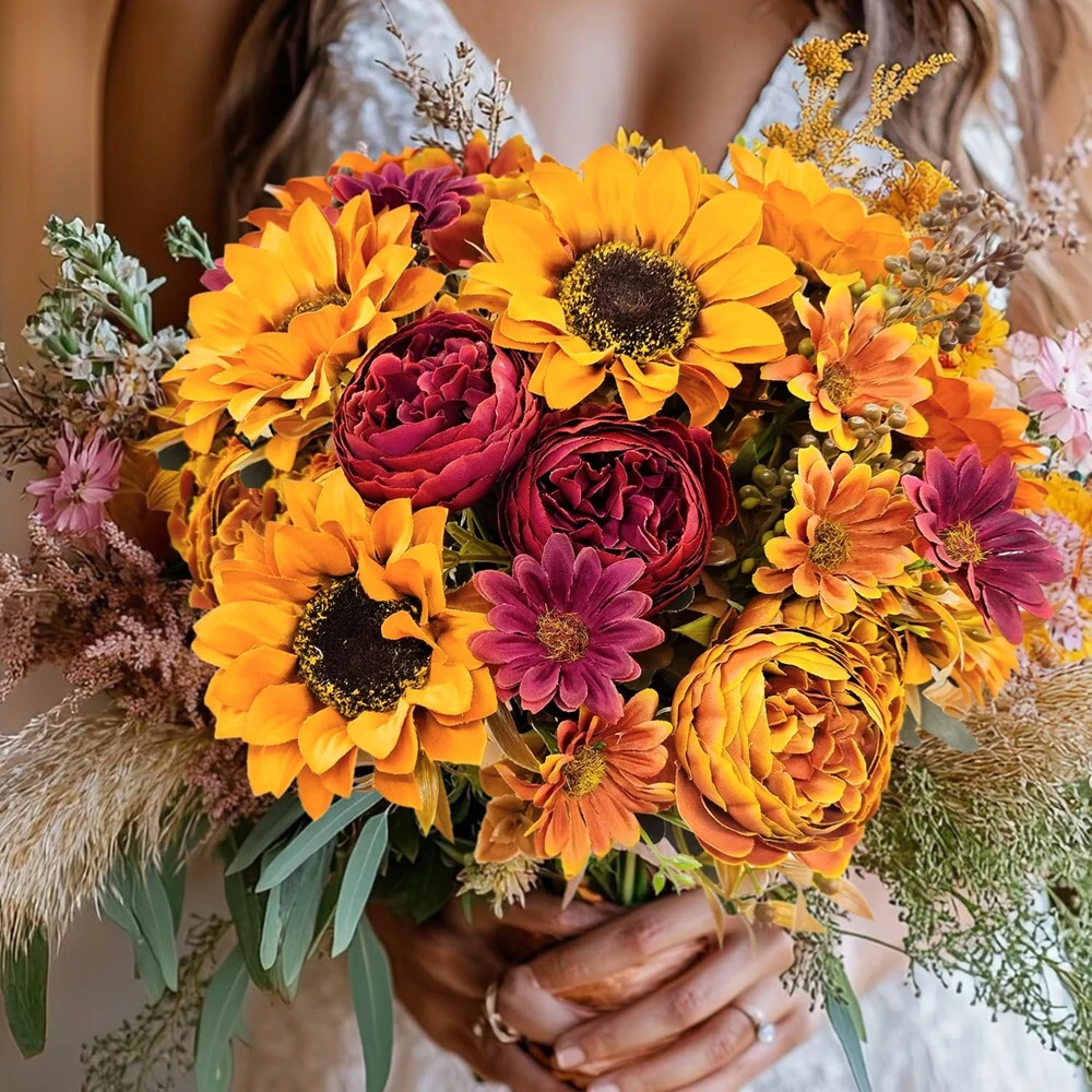 Künstliche Blumen aus Seide, Sonnenblumen, Festival, Herbstgirlande, Hochzeit, Brautsträuße, Zuhause, Zimmer, Tischdekoration, Fensterbank-Dekoration – Detail 2