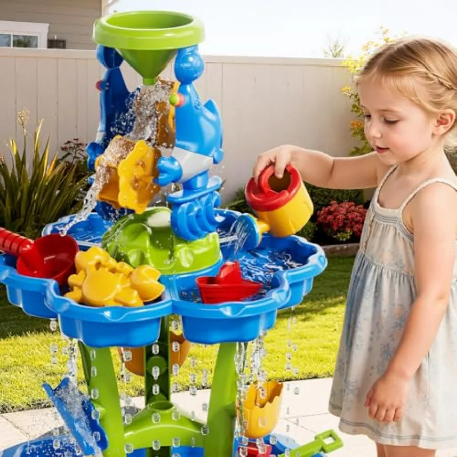 Outdoor sand and water table for toddlers, BPA-free plastic, blue and yellow, 2-tier design with removable trays for versatile