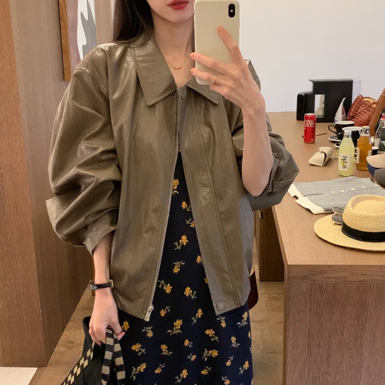 Fall 2025 New Korean Zipper Top, Vintage Brown Bomber Jacket, Imitation Leather Jacket, Versatile Jacket, Women's Clothing