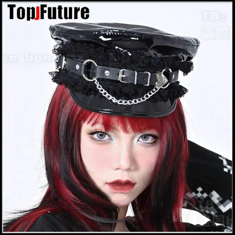 Harajuku Gothic Lolita Hat Women Punk Chain Subculture Spice Girl Cap Hat Female Y2K Girls Accessories Lace Cap