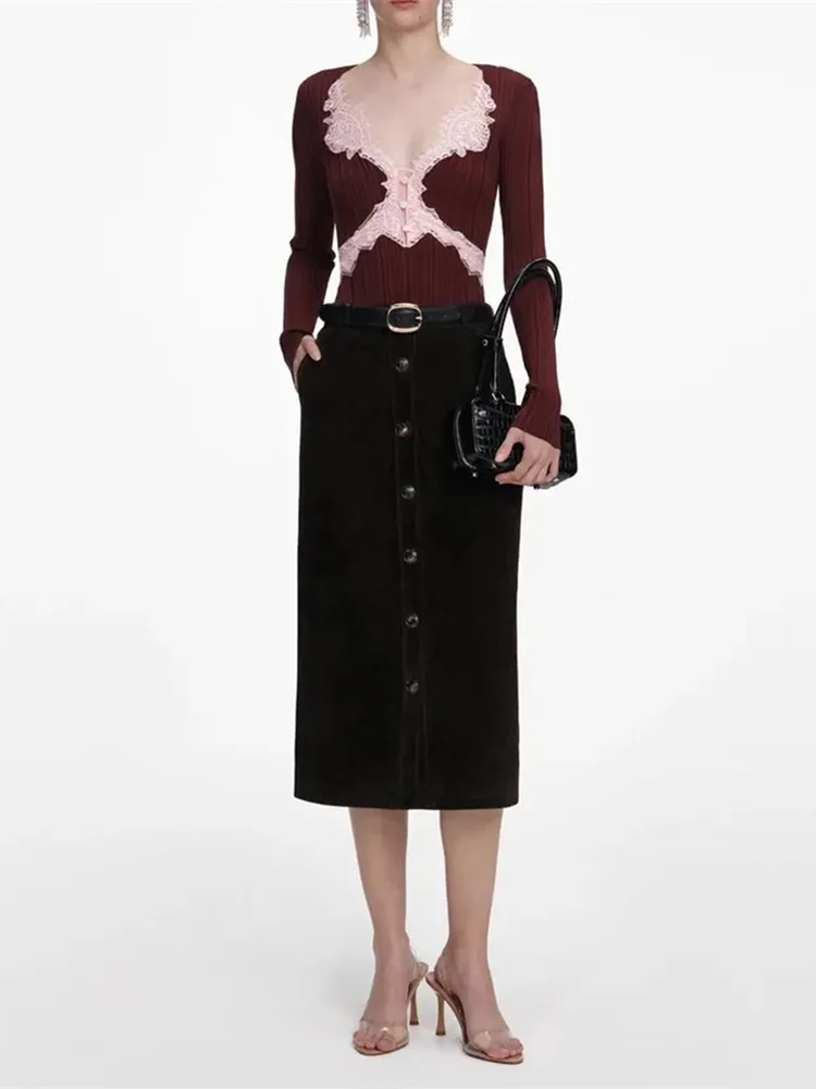 

Ele French Sle Кружева с вырезами Slim Fit Трикотажная основа irt Женский топ Высококачественная версия Европейская Faion Sensuali