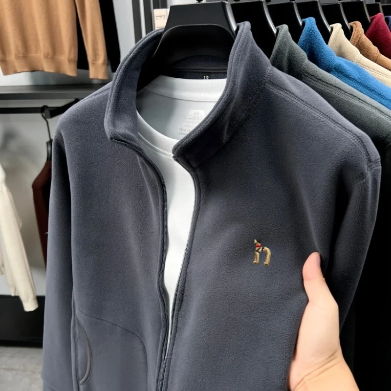

High end brand cartoon dog embroidered men's jacket autumn winter plush thick comfort pocket fashion casual stand up collar coat