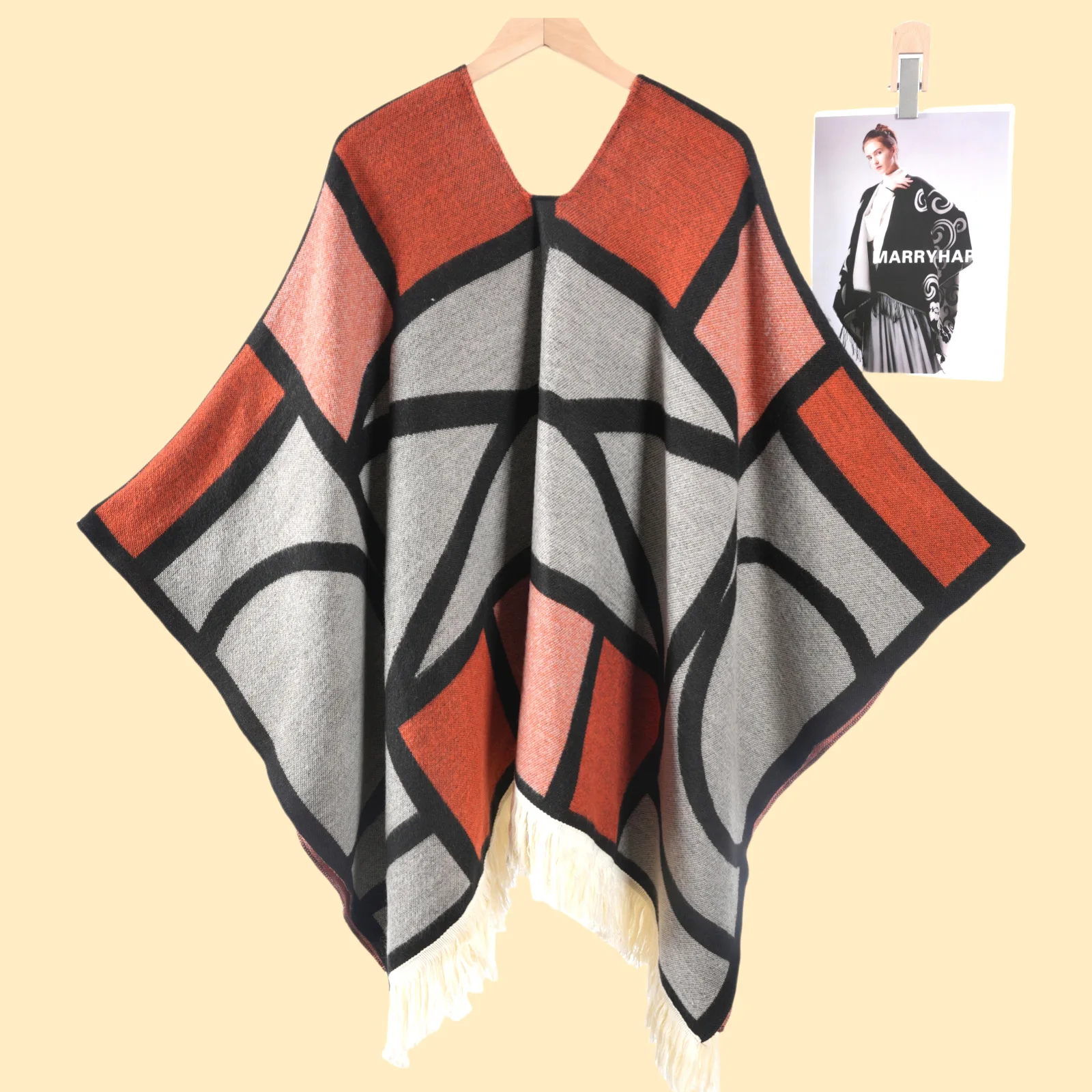 Nuovo poncho geometrico etnico svasato ispessito mantello avvolgente per le donne mantello da viaggio per fotografia