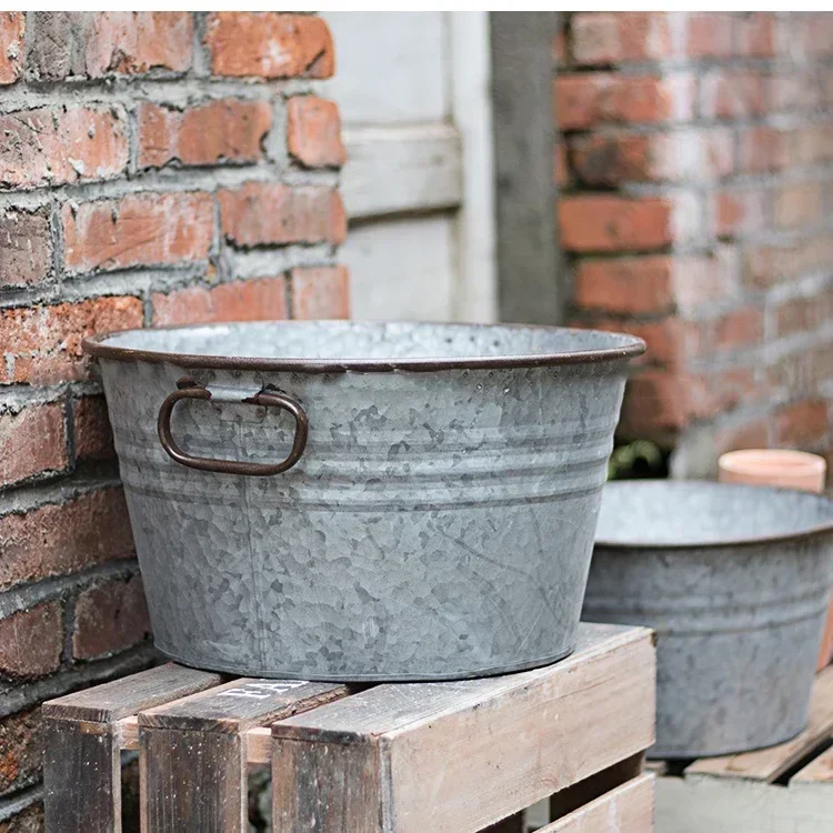 Rotundity Double Handles Vintage Metal Flower Pots Courtyard Garden Waterproof Grocery Storage Iron Basket Decorate Ornament