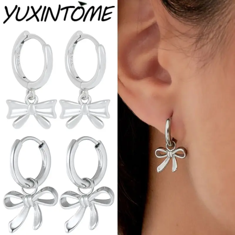 

925 Sterling Silver Needle Simple niche geometric design bow pendant earrings Women Fashionable Versatile Party Wedding Jewelry