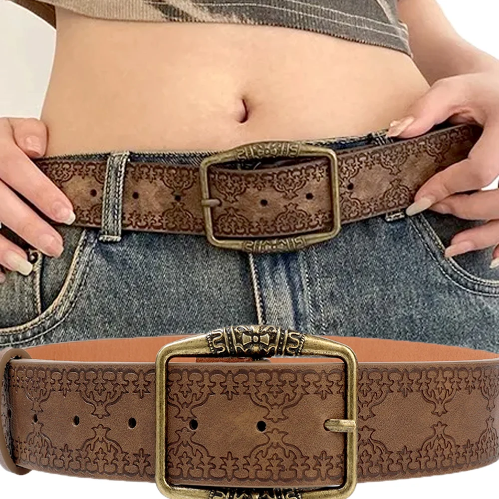 

Y2K Pattern Print Retro Belts for Women Luxury Designer Brand Buckle Pin Waist Belt Female Pu Leather Hip Hop Fashion Waistband