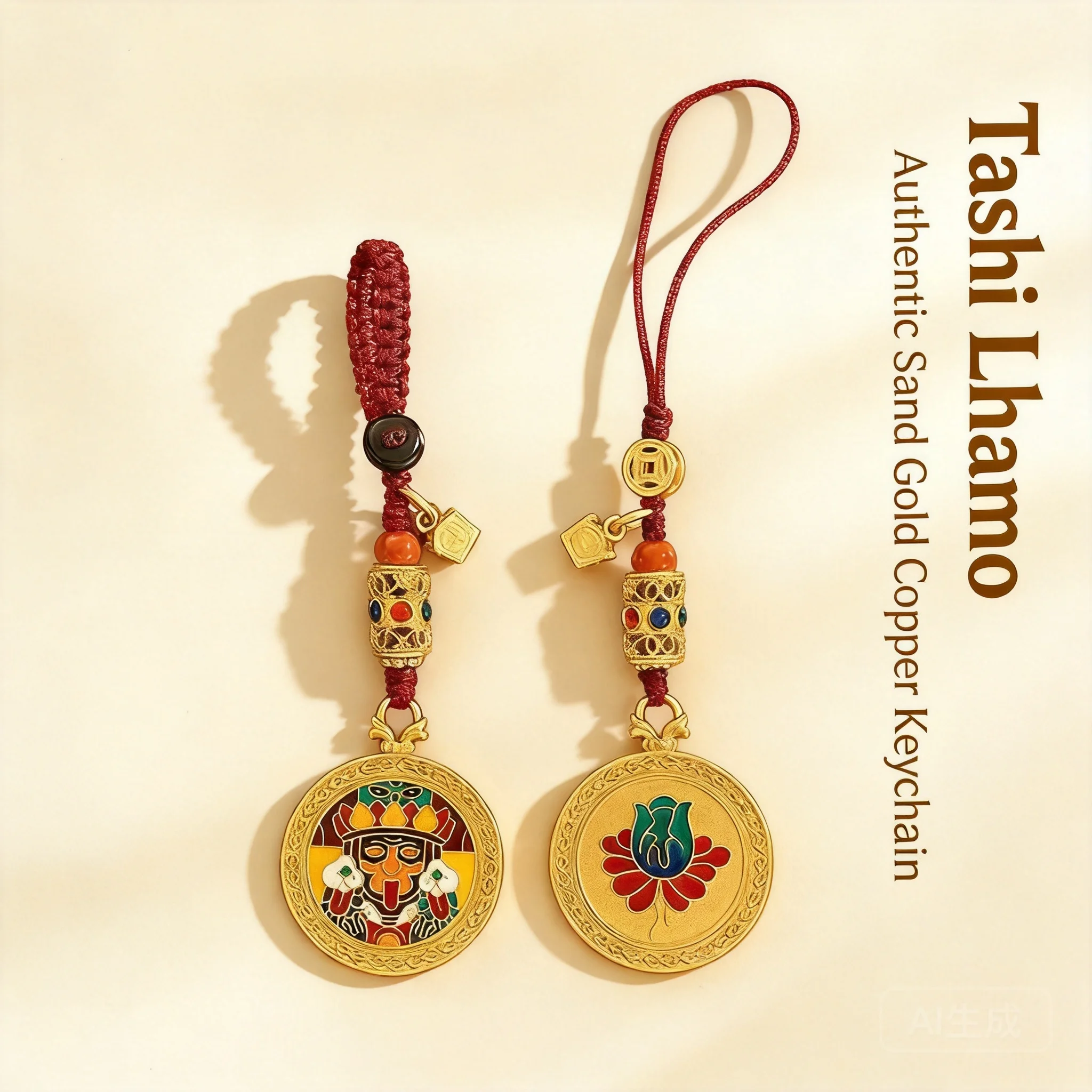 Traditional Chinese Style Lucky Gold Plated Enamel Tibetan Zakiram Pendant Wealth Blessing Keychain Phone Lanyard Car Hanging