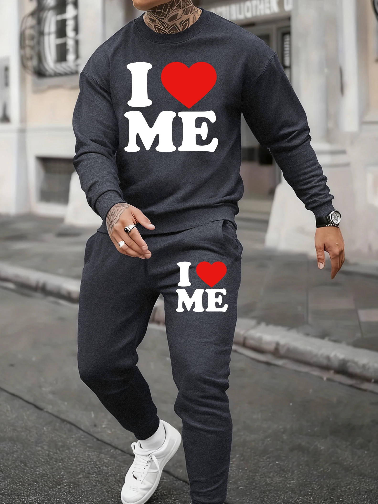 I Love Me Art Letter Pattern Sweatshirt Set Men Gym Crewneck Loose Pullovers Fleece Casual Sweatpant Sports Autumn Tracksuit