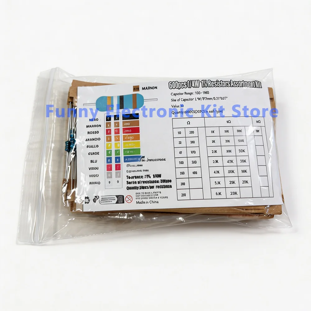 600Pcs Assorted Metal Film Resistor Kit 30 Values 1/4W 1ohm-10Mohm 1% Tolerance Resistance for Electronics Projects