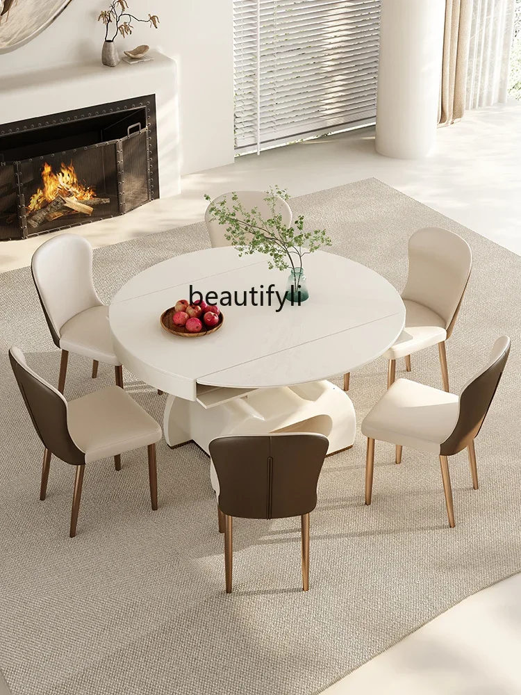 Stone Plate round Dining Table Lifting and Foldable Coffee Table Double-Use Household Small Apartment Cream Style New Simple