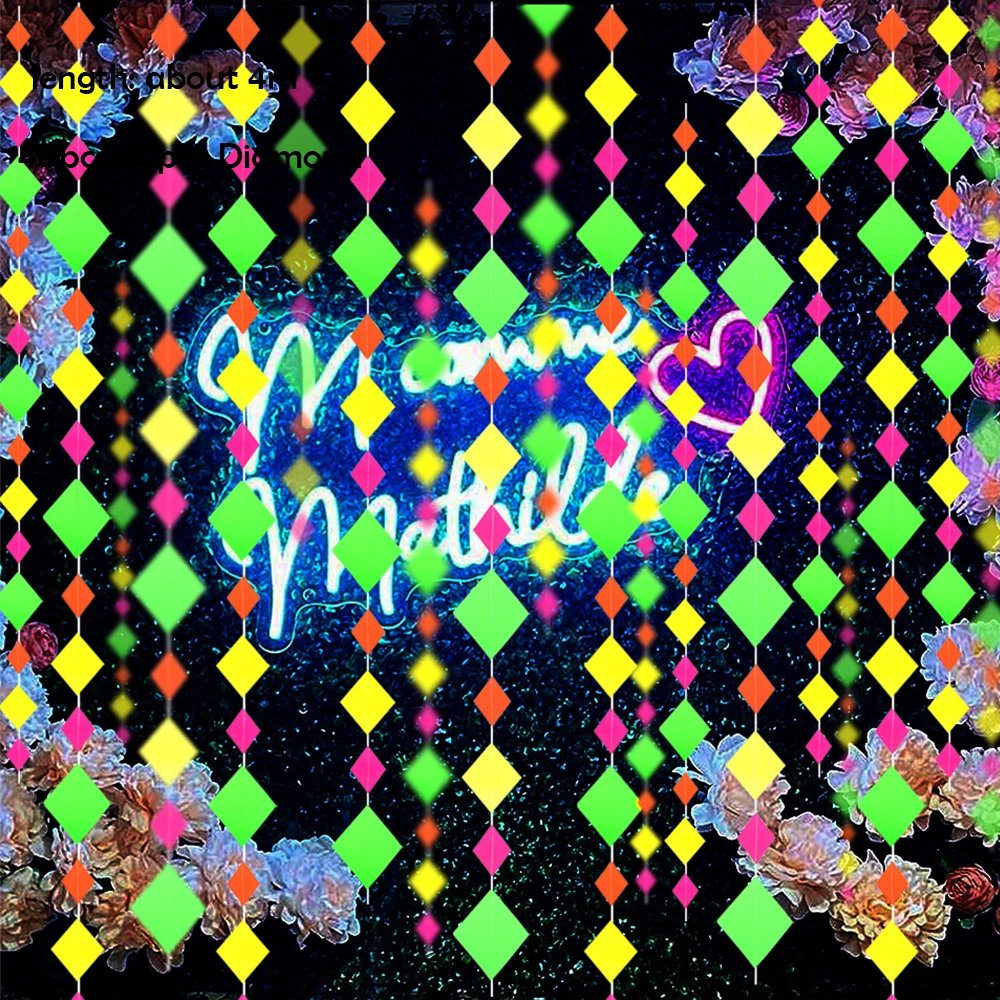 Glow In The Dark Party Supplies Glow Paper Diamond String UV Reactive Neon Streamer Garland Neon Balloon Fluorescent Party Decor