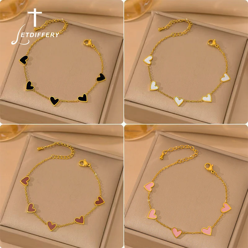 Letdiffery Fashion Heart Charm Bracelet for Women Stainless Steel Minimalist Colorful Oil Drop Love Pendant Bracelets Jewelry