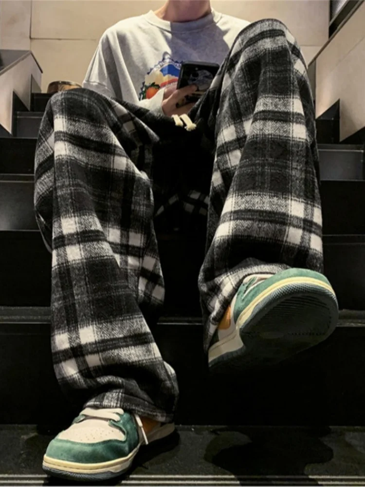 

Trendy Retro Men's Autumn Winter Woolen Plaid Casual Pants Loose Wide Leg Trousers Comfortable Breathable Anti-Wrinkle