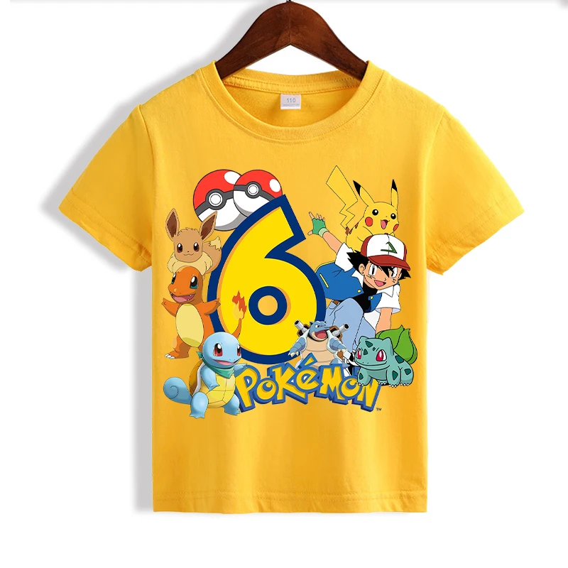 Pokemon Pikachu Yellow T-shirts for Children Anime Short Sleeved Shirt Boys Girls Summer Fashion Number 1-10 Tops Kids Clothes