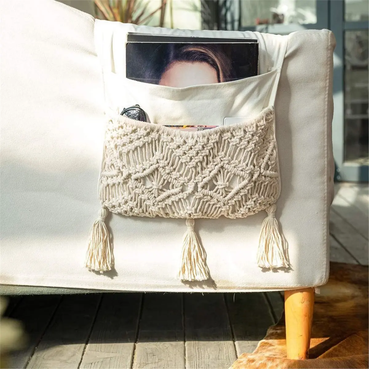 Macrame Couch Organizer - Stylish Remote Control Storage Bag for Sofa, Armchair, and Bedside Storage