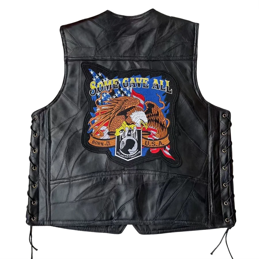 Colete de couro bordado masculino motocicleta, jaqueta sem mangas punk, streetwear preto, colete motociclista, roupas masculinas, tamanho grande