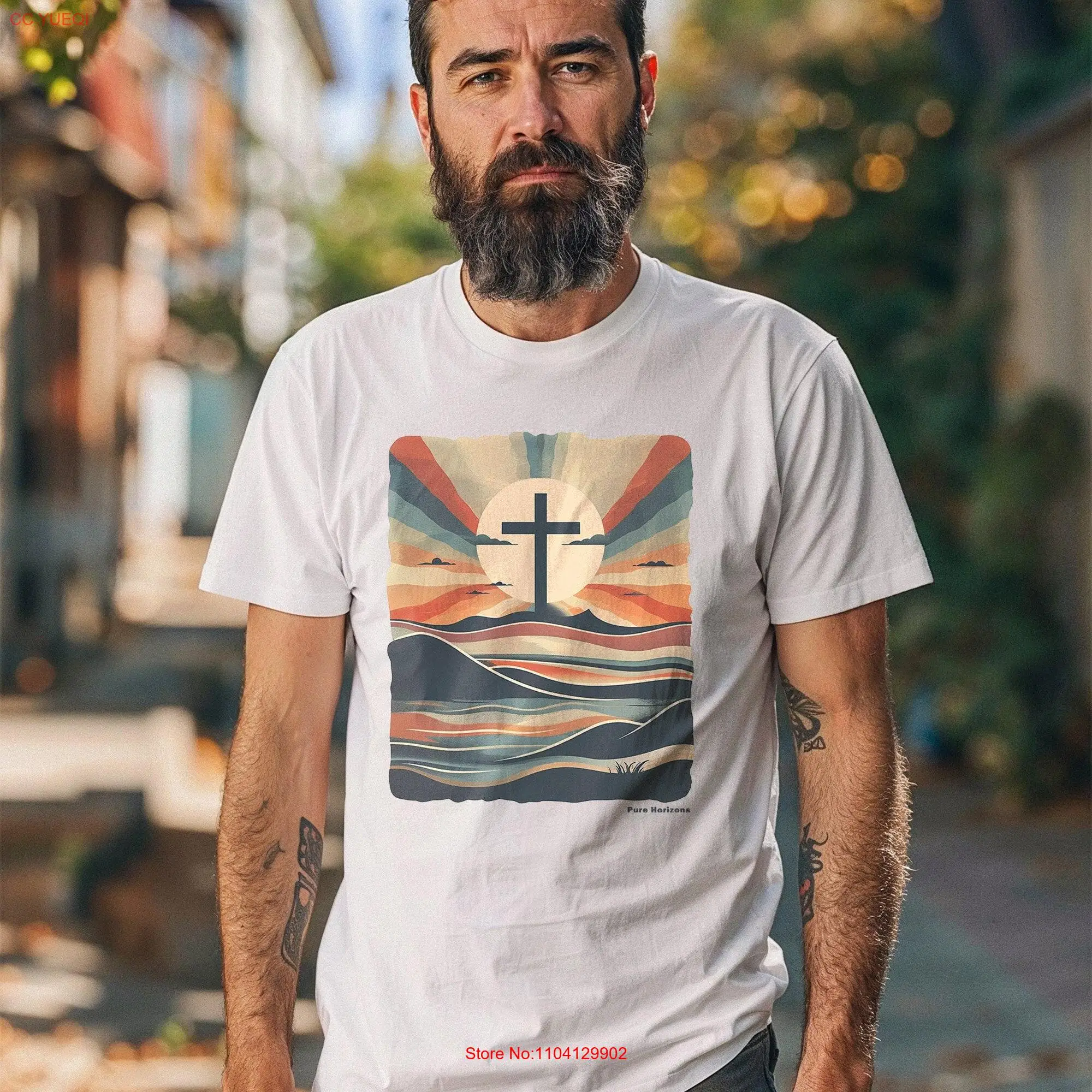 

Футболка с духовным восходом солнца и крестом, верный горизонт, чистые горизонты, вдохновляющий топ, религиозный символ, длинные или короткие рукава