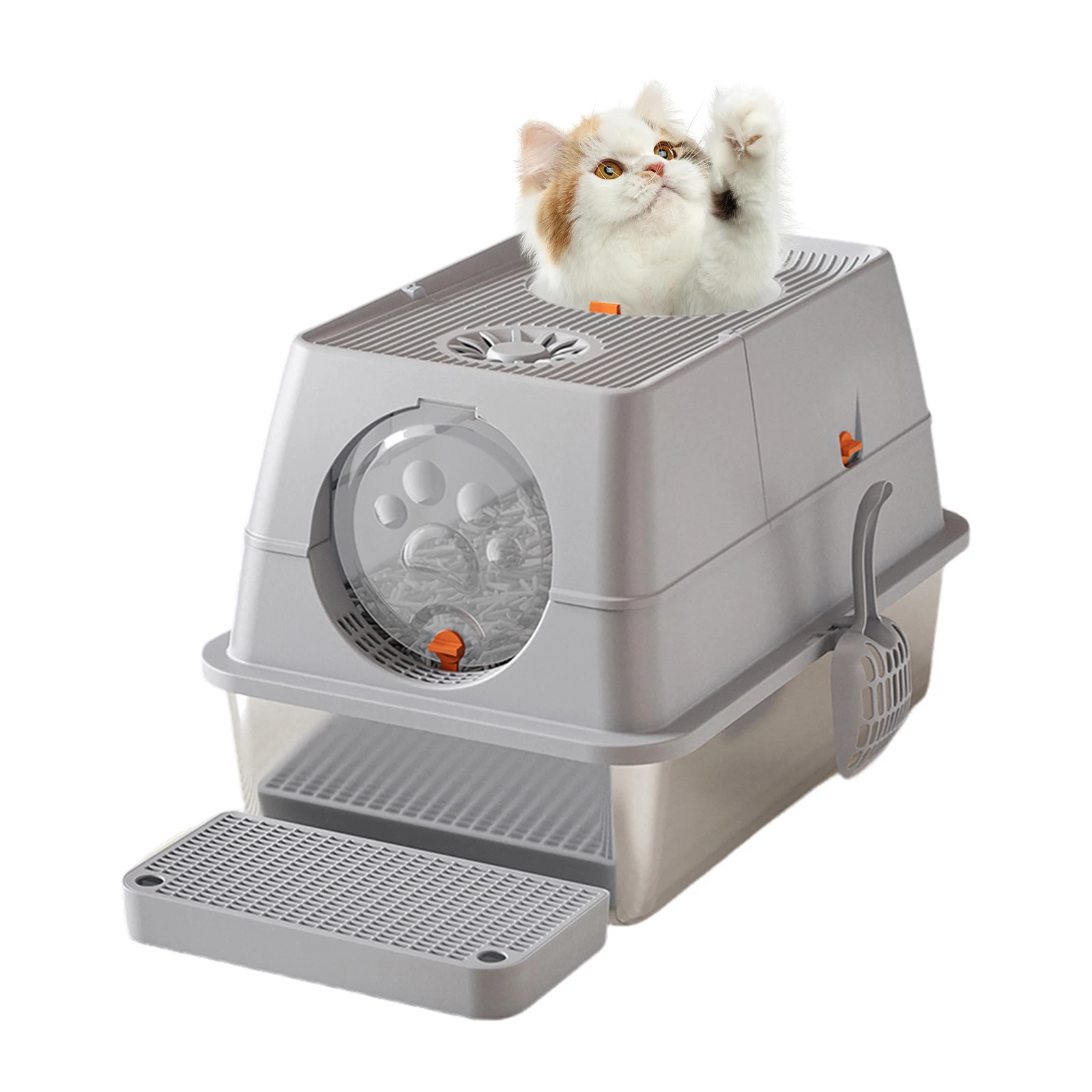 

Stainless Steel Cat Litter Box, High Sided Enclosure Cat Toilet With Lid, Front And Top Door, Sand Filter Pedal & Litter Scoop