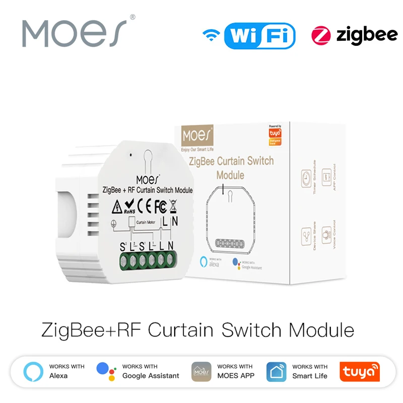 MOES Tuya ZigBee/WiFi Smart RF433 Curtain Switch Module for Motorized Roller Shutter Blinds Motor 2MQTT Alexa Google Home