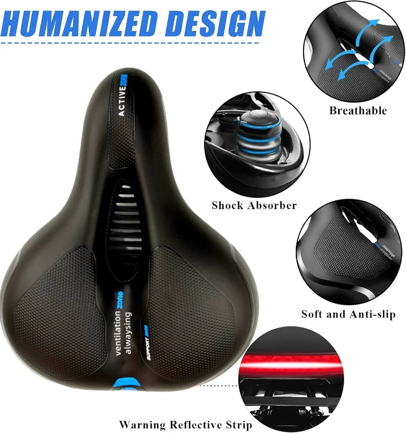 The new comfortable bicycle seat, which can effectively absorb vibrations. It comes with a large-sized seat, is lightweight