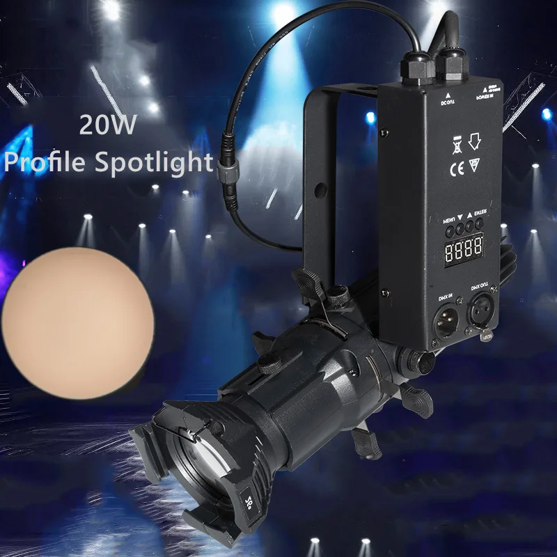 

Mini 20W Ellipsoidal Profile Spotlight LED DMX Fixed Lens Four-Leaf Barrier Manual Cutting LOGO Follow Projector Stage Lighting