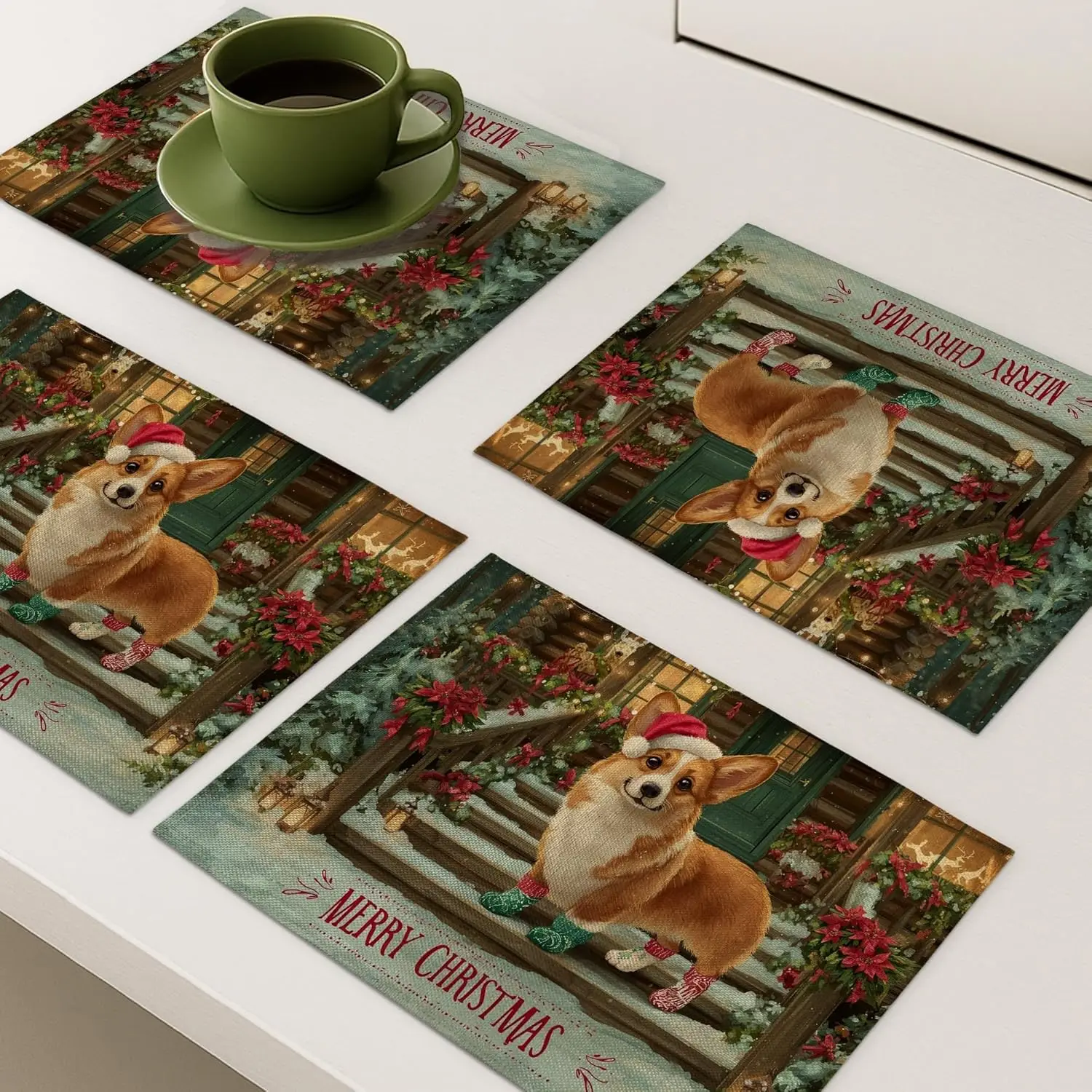 Christmas Corgi Placemats, Colorful Holiday Dog Place Mats for Dining Table, Non-Slip Washable Indoor Outdoor Party Decorative