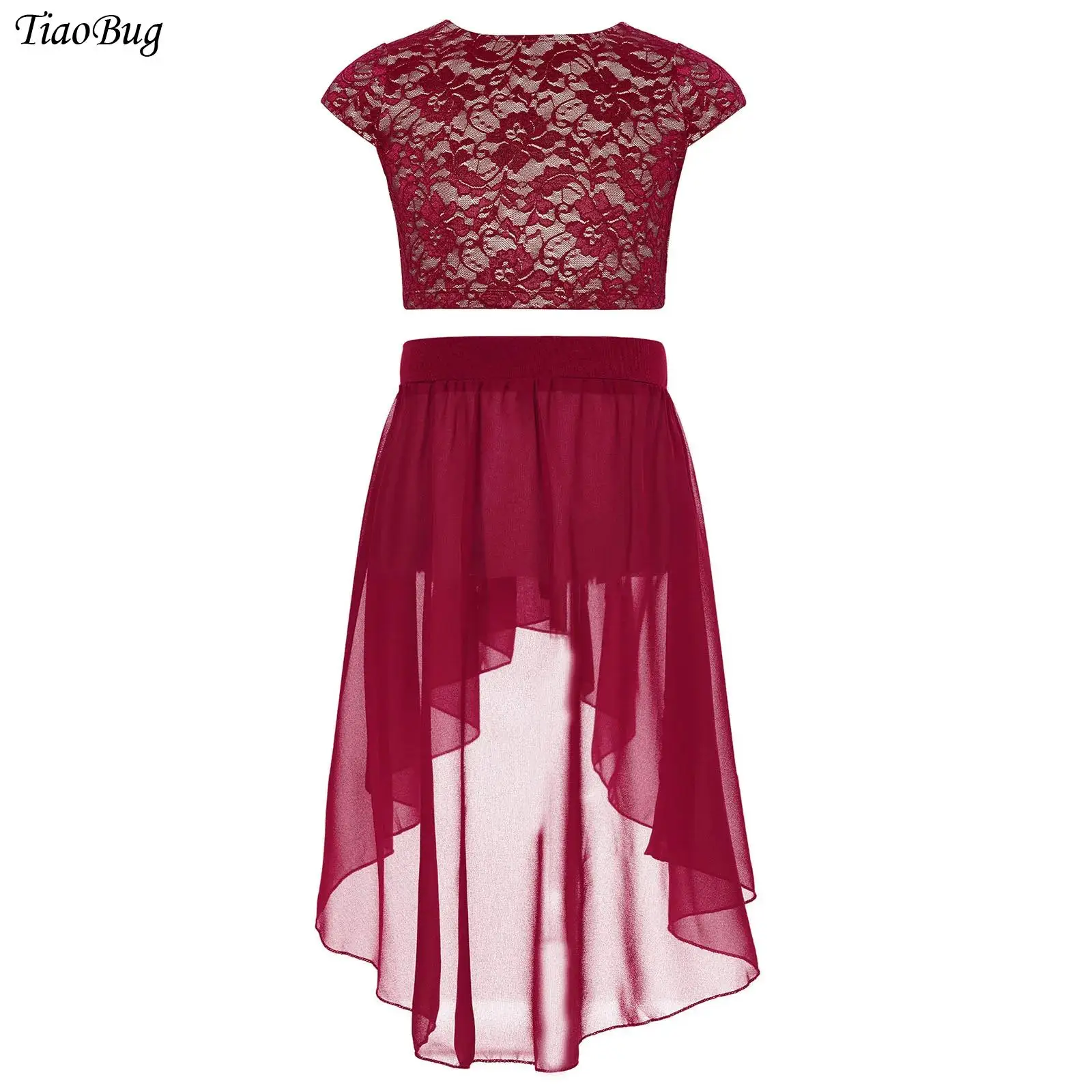 

Kids Girls Lyrical Ballet Dance Outfit Floral Lace Cap Sleeves V-Back Crop Top with High-Low Chiffon Skirt Dancewear 2Pcs/Set