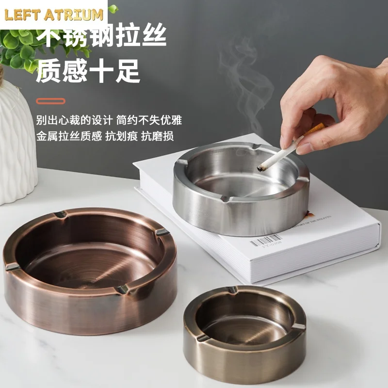 Thickened Stainless Steel Round Ashtray Fall Resistant Electroplating Ashtray Fly Ash Resistant Portable Ashtray Home Decoration