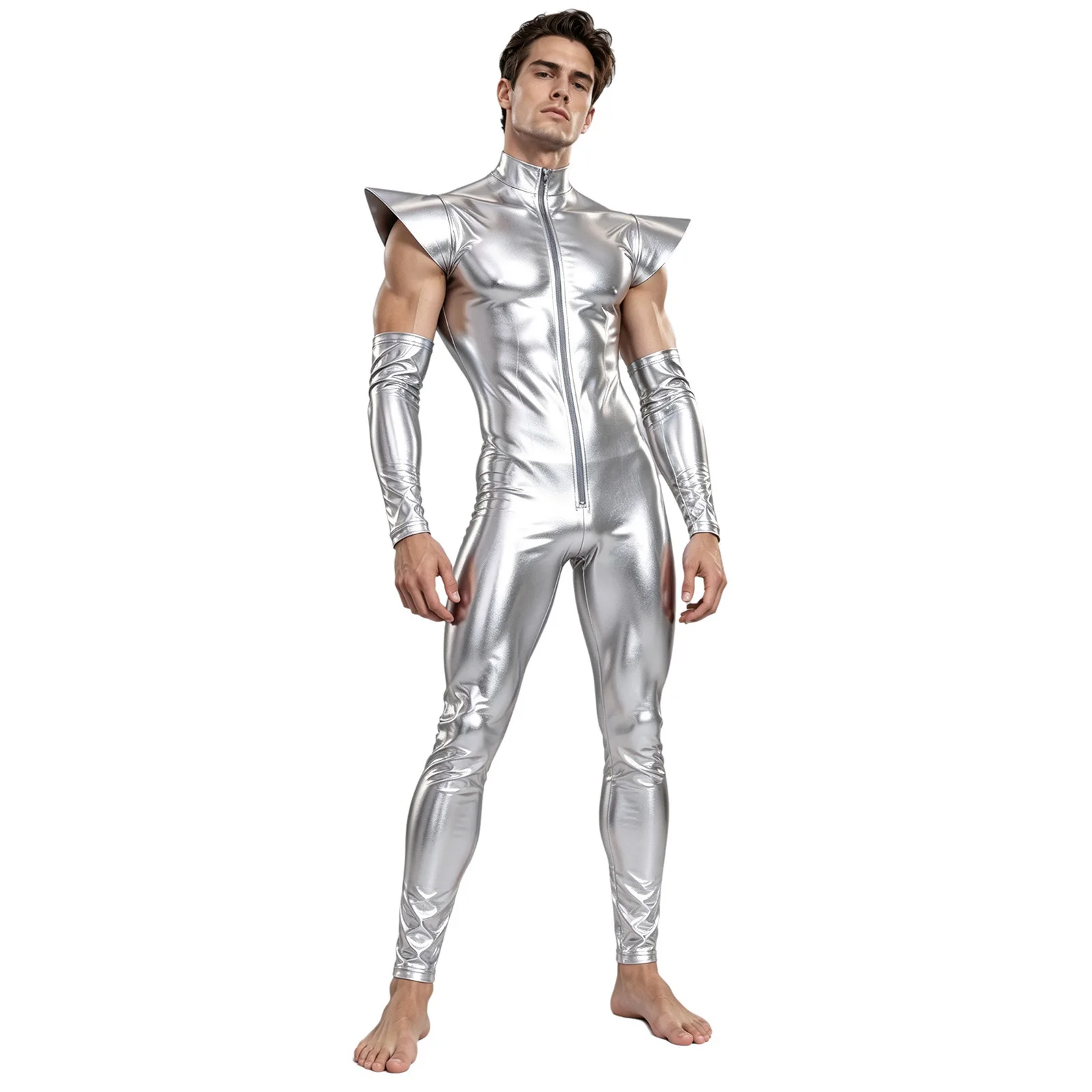 Men Metallic Shiny Alien Robot Astronaut Space Cadet Cosplay Jumpsuit with Sleeves Rave Clubwear Halloween Theme Party Costume
