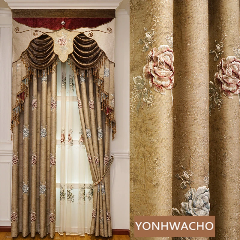 

Custom bedroom modern simple high precision jacquard shading villa brown cloth blackout curtain tulle valance drape C1616