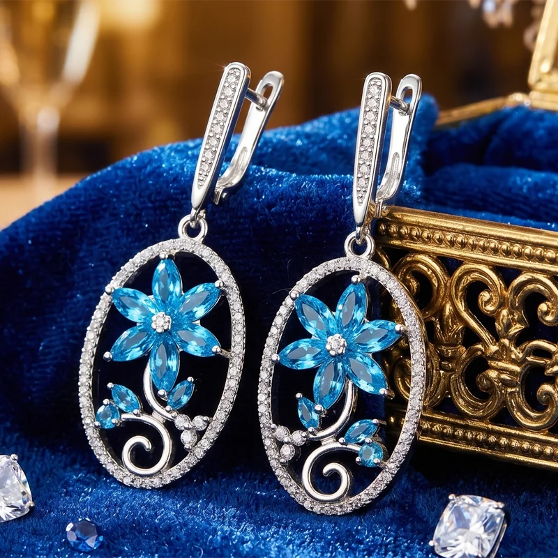 43x17mm SheCrown Created Pink Morganite Red Blood Ruby Swiss Blue Topaz CZ Women Silver Plated Earrings