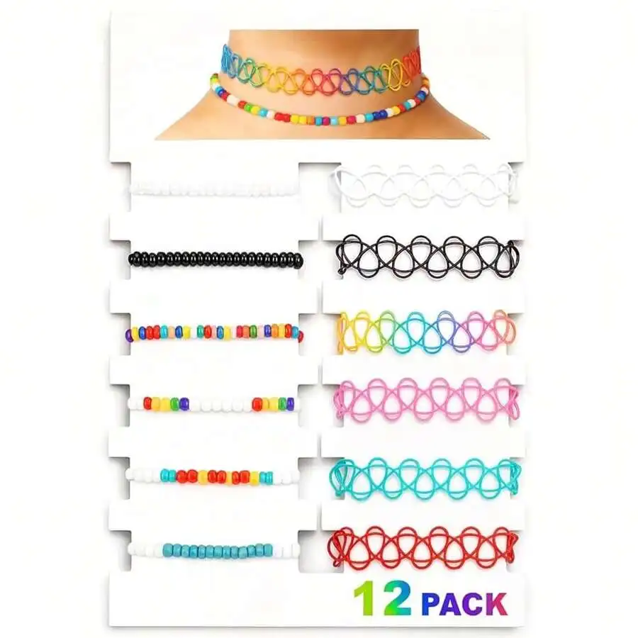 

12-Pack Adjustable Stretch Choker Necklaces - Rainbow, Black, Pink, Blue, White, Aqua Beaded & Loop Designs