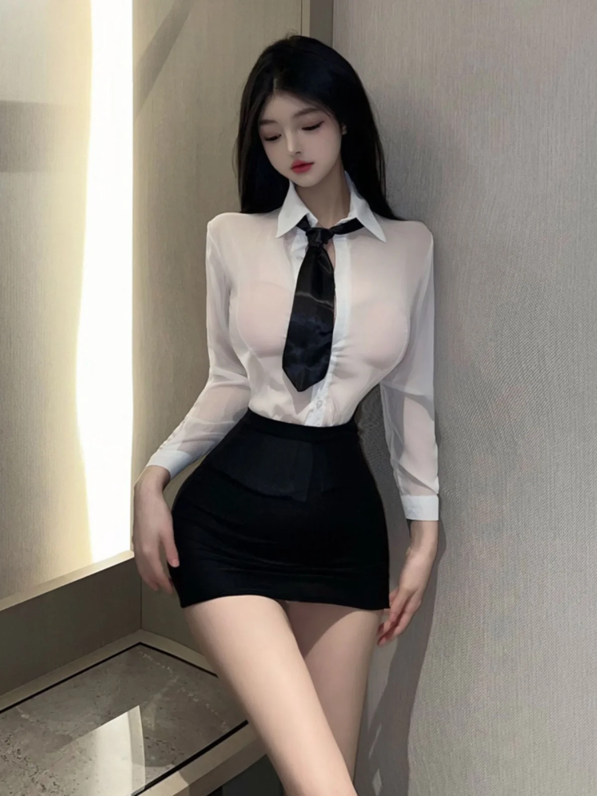Sexy Secretary Uniform Roleplay Set See through Professional Ol Night Club Style Two Piece Set for Women in Their 20s Polyest...