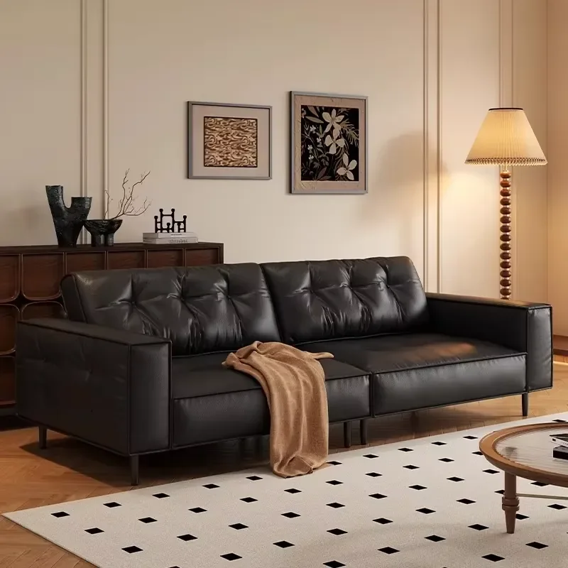#French Retro Oil Wax Leather Sofa Small Living Room Household Three-Seater Ancient Style Caramel Color Artificial Leather