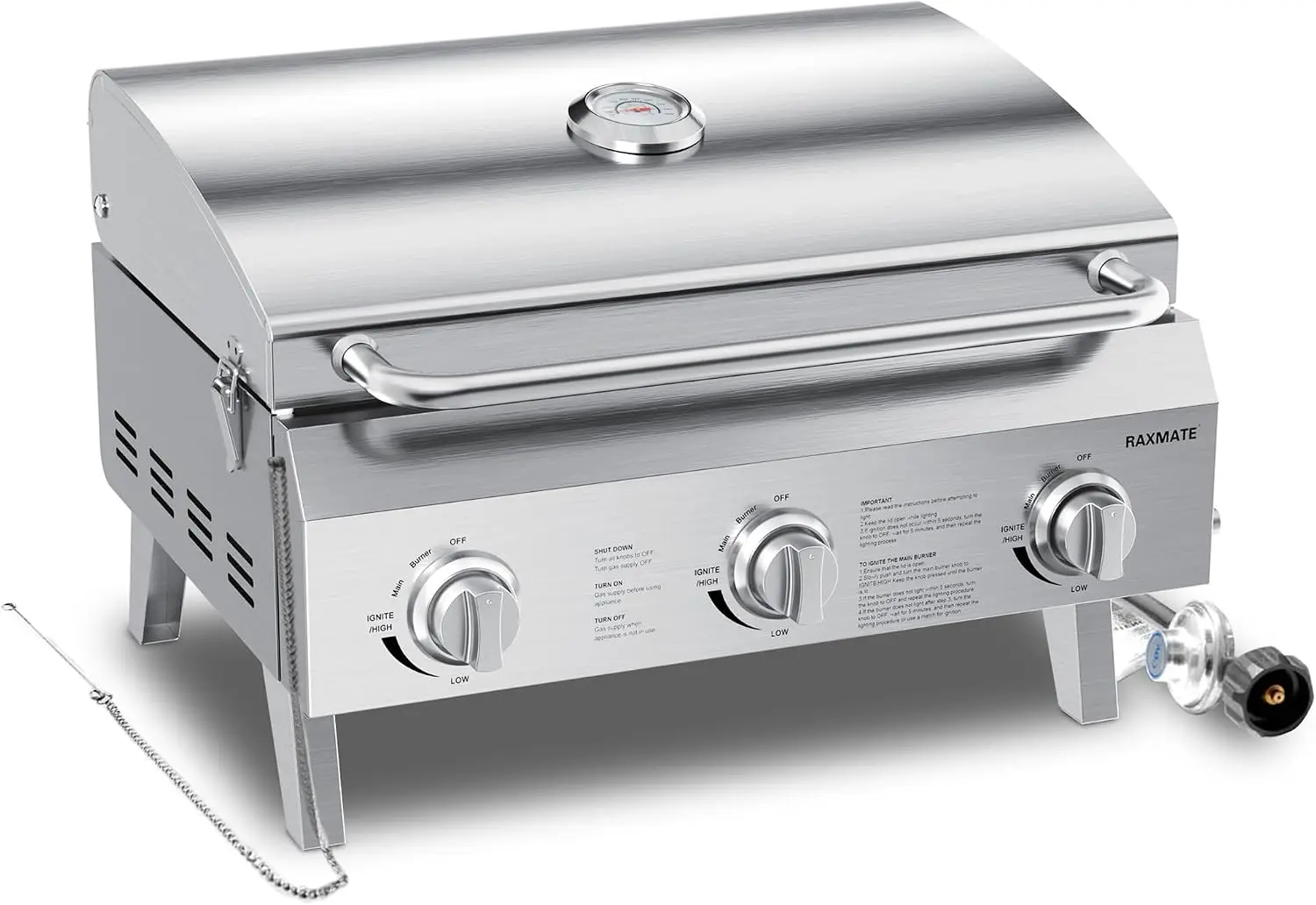3-Burner Tabletop Gas Grill 30,000 BTUs Portable Propane Grill | 22-inch Stainless Steel Grill with Foldable Legs, Ideal for BBQ