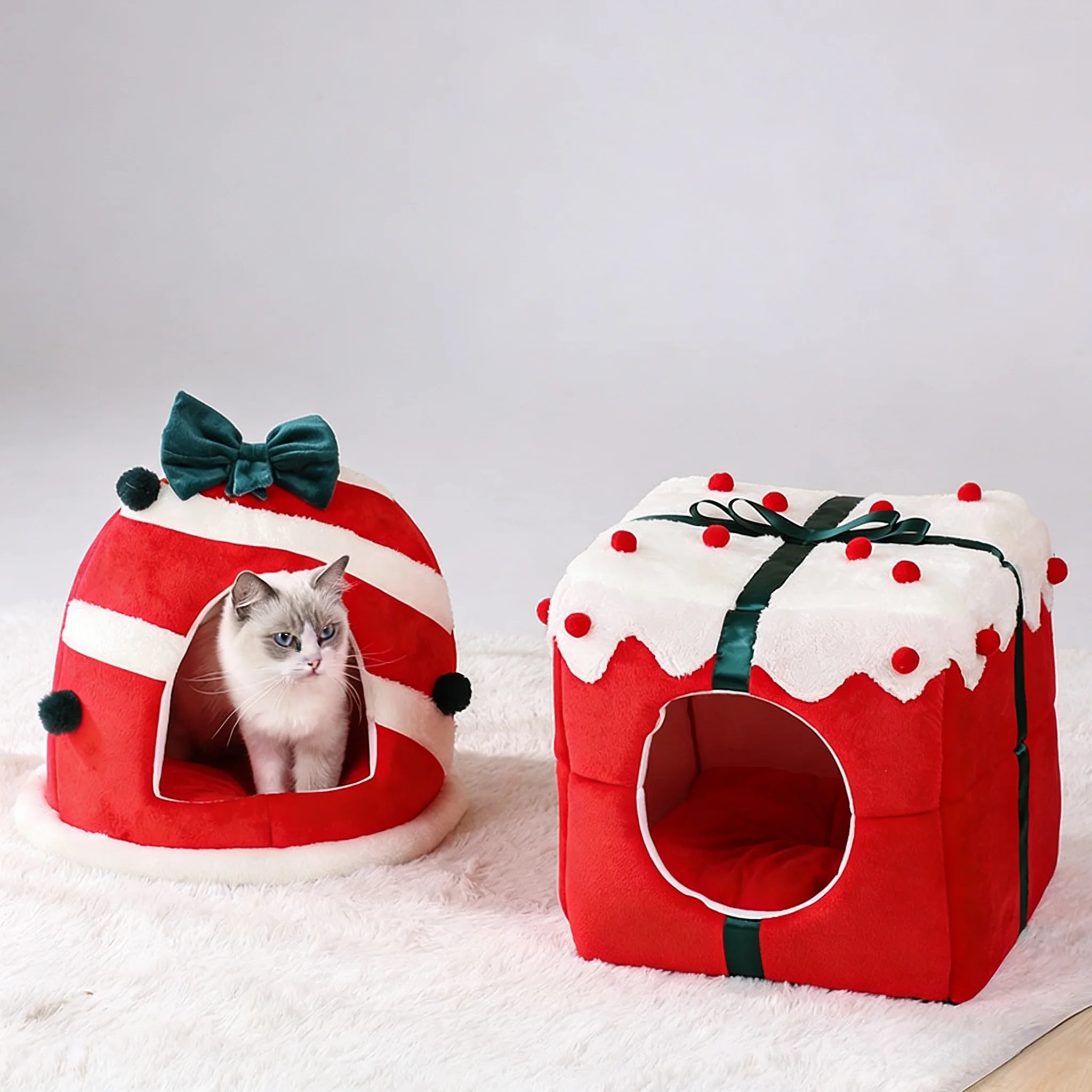 

Winter Cat Nest Christmas Gift Box Sleeping House for Dogs Soft Warm Velvet Bed Kittens Puppies Pet Party Dec Xmas Festive