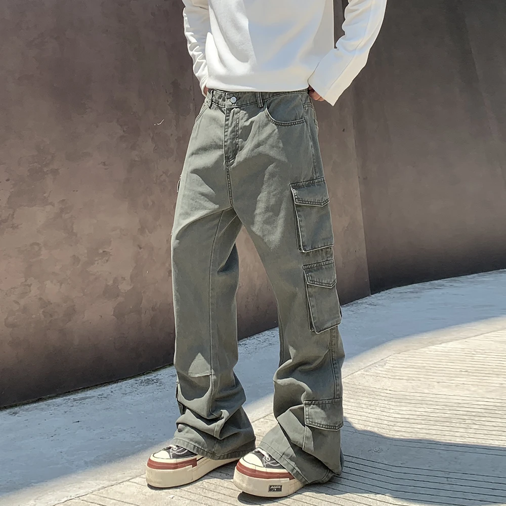 

American Clean Fit Micro Flare Denim Cargo Pants Men Women Colorful Washed Workwear with Multi-Pockets, Height-Enhancing Design