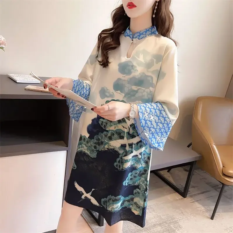 DAYIFUN Chinese Style Dresses 2024 Summer New Stand Collar Print Tshirt Lady Temperament Loose Middle Sleeve Cheongsam Dress