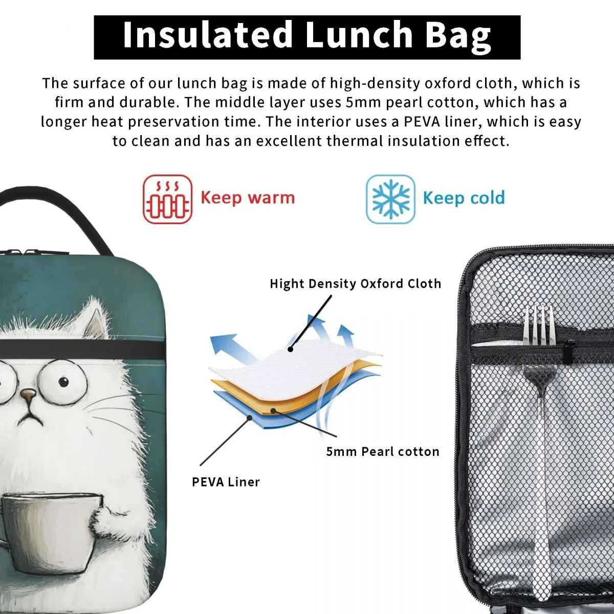 White Cat Holding Coffee Cup Pattern Insulated Lunch Bag for Women Children Portable Food Boxes Thermal Lunch Box Tote