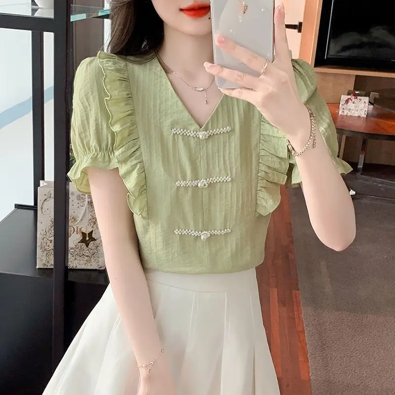 

Chinese Style Collar V-Neck Ruffle Short Sleeve Chiffon Shirt