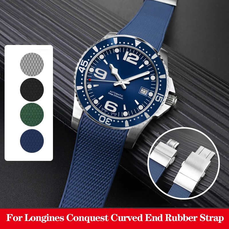 21mm Curved End Rubber Watch Strap for Longines Conquest Silicone L3.742.4 642 781 782 Style Bracelet Folding Buckle Watchband