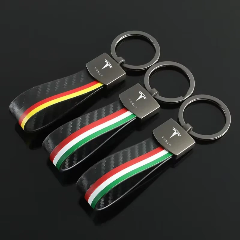 Brelok do kluczy z włókna węglowego, skórzany, ze stopu, stylizacja flagi Niemiec i Włoch, breloczki do kluczy z logo Tesla Model 3 S X Y Roadster Cybertuck