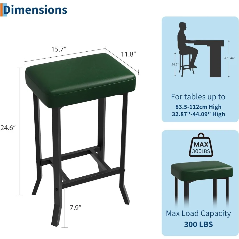 24.6 Inch 4-Seat Bar Stools, Faux Leather, Irregular Legs, Compact for Small Spaces, Kitchen/Dining/Cafe, Easy Assembly, Green