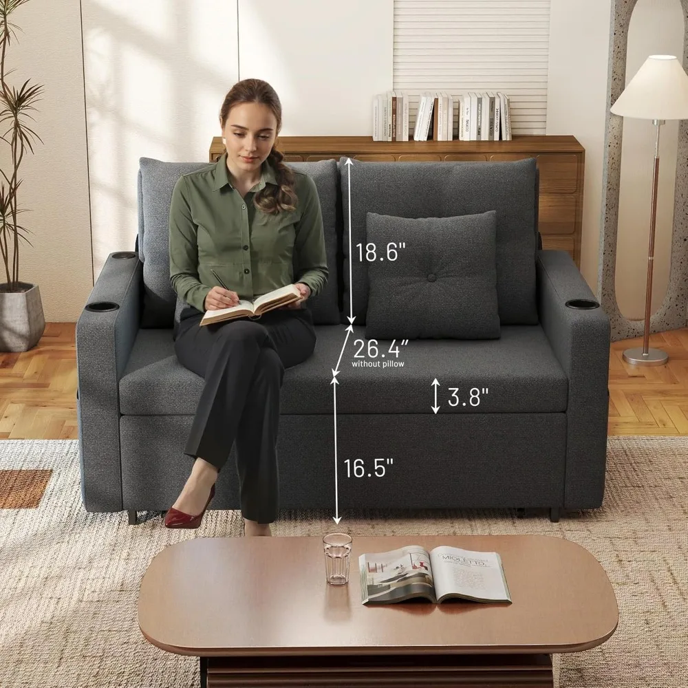 أريكة Loveseat Sleeper مع حاملات أكواب ومنفذ USB، أريكة قابلة للتحويل مقاس 56 بوصة 3 في 1 لغرفة المعيشة