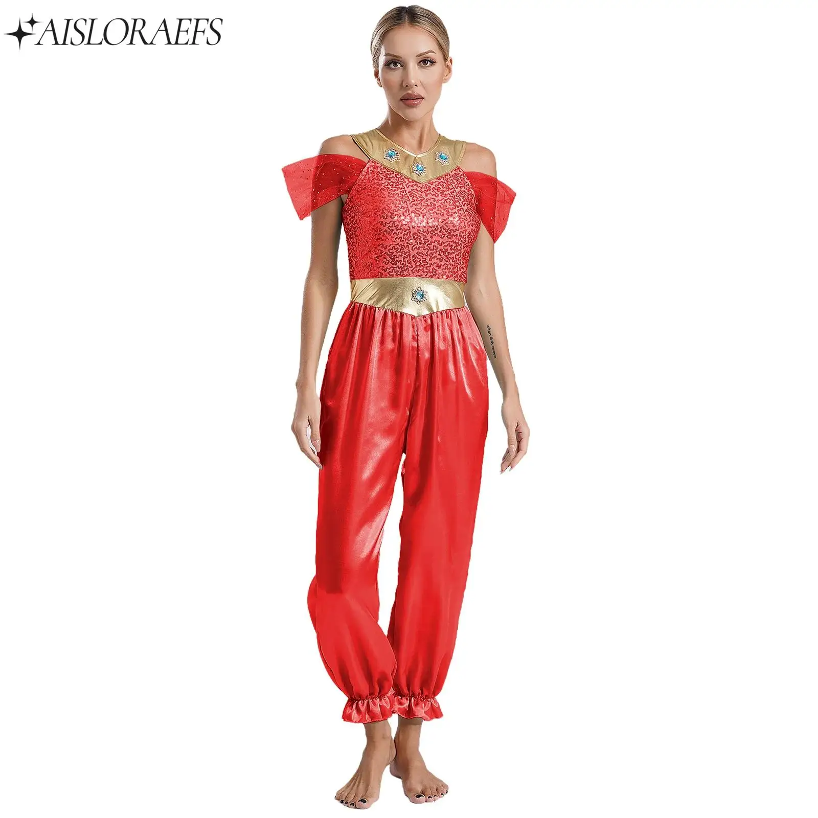 

Womens Halloween Arabian Princess Cosplay Costume Gems Adorned Sequins Off Shoulder Bodysuit Romper Belly Dance Jumpsuit