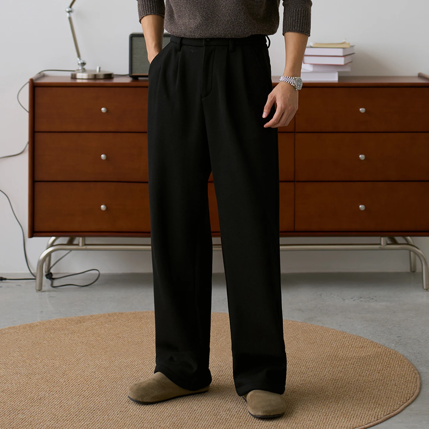 

Autumn and Winter New Woolen Casual Pants for Men, High-End Business Casual Wide-Leg Trousers, Men's Autumn Black Loose Long Pants